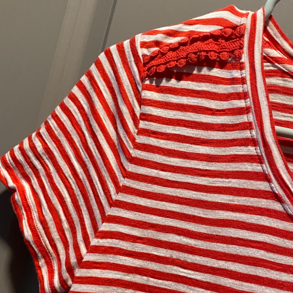 Talbots Red White Stripe Tee Lace Trim Cotton Modal Preppy Coastal Top XS - Picture 3 of 5